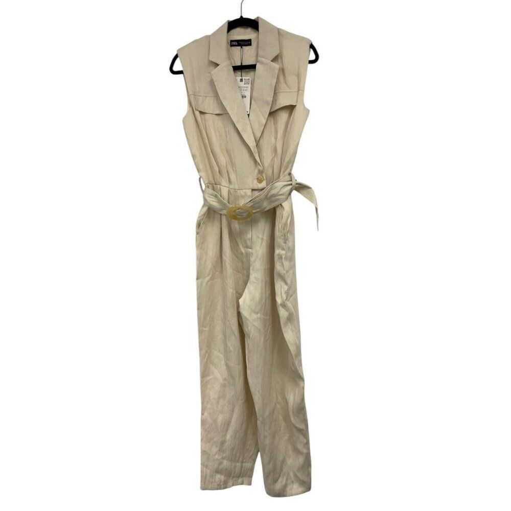 Zara Womens One Piece XS Jumpsuit Ivory Belted Collared Sleeveless 8741/227 NWT - Picture 2 of 11
